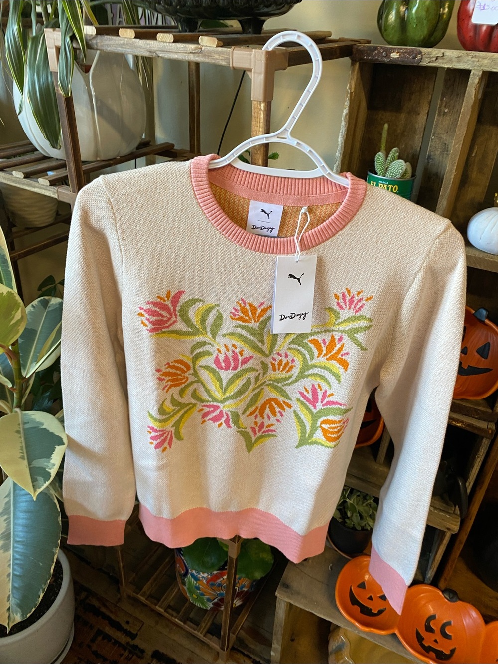 Puma Cream Crewneck Sweater with Pink Trim and Floral Intarsia